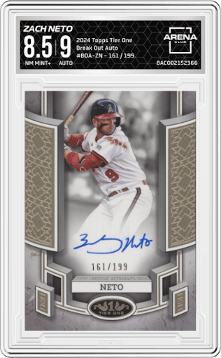 Zach Neto from the 2024 Topps Tier One  set graded by Arena Club and given an overall grade of 8.5.