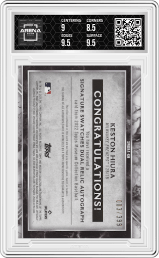 Keston Hiura from the 2022 Topps Museum Collection set graded by Arena Club and given an overall grade of 9.
