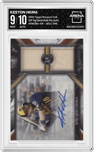 Keston Hiura from the 2022 Topps Museum Collection set graded by Arena Club and given an overall grade of 9.