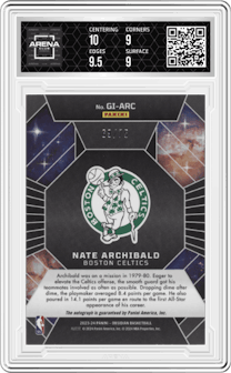Nate Archibald from the 2023-24 Panini Obsidian set featuring a Electric Etch Orange Flood parallel graded by Arena Club and given an overall grade of 9.5.