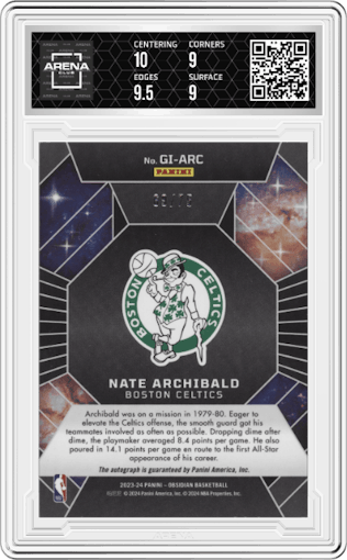 Nate Archibald from the 2023-24 Panini Obsidian set featuring a Electric Etch Orange Flood parallel graded by Arena Club and given an overall grade of 9.5.
