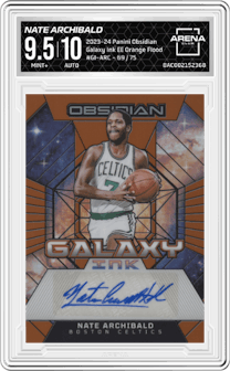 Nate Archibald from the 2023-24 Panini Obsidian set featuring a Electric Etch Orange Flood parallel graded by Arena Club and given an overall grade of 9.5.