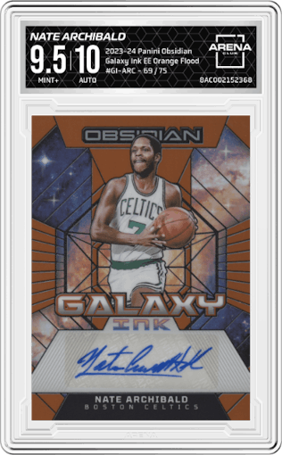 Nate Archibald from the 2023-24 Panini Obsidian set featuring a Electric Etch Orange Flood parallel graded by Arena Club and given an overall grade of 9.5.