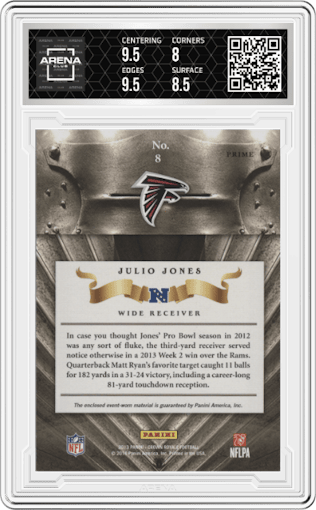 Julio Jones from the 2013 Panini Crown Royale set graded by Arena Club and given an overall grade of 8.5.