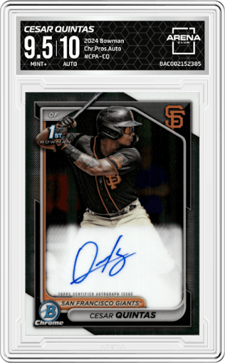 Cesar Quintas from the 2024 Bowman set graded by Arena Club and given an overall grade of 9.5.