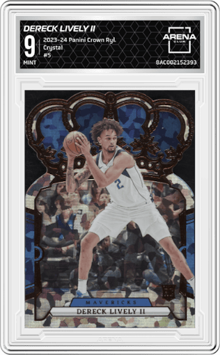 Dereck Lively II from the 2023-24 Panini Crown Royale  set featuring a Crystal parallel graded by Arena Club and given an overall grade of 9.