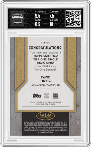 David Ortiz from the 2024 Topps Tier One  set graded by Arena Club and given an overall grade of 8.