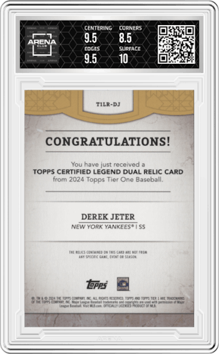 Derek Jeter from the 2024 Topps Tier One  set featuring a Dual parallel graded by Arena Club and given an overall grade of 9.