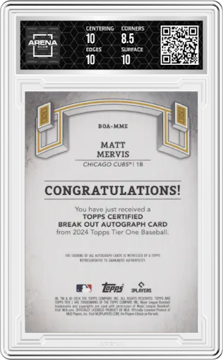 Matt Mervis from the 2024 Topps Tier One  set graded by Arena Club and given an overall grade of 9.