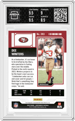 Dee Winters from the 2023 Panini Contenders set featuring a Conference Ticket parallel graded by Arena Club and given an overall grade of 9.