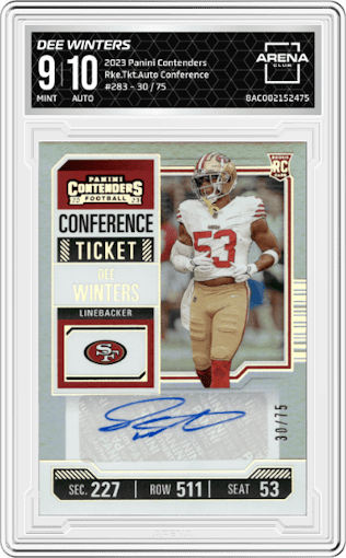 Dee Winters from the 2023 Panini Contenders set featuring a Conference Ticket parallel graded by Arena Club and given an overall grade of 9.