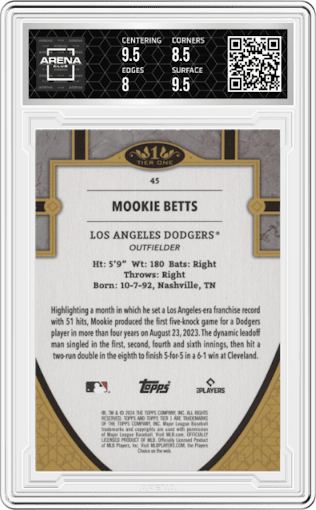 Mookie Betts from the 2024 Topps Tier One  set featuring a Blue Foil parallel graded by Arena Club and given an overall grade of 8.5.