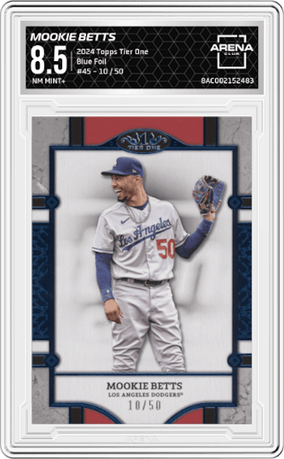 Mookie Betts from the 2024 Topps Tier One  set featuring a Blue Foil parallel graded by Arena Club and given an overall grade of 8.5.