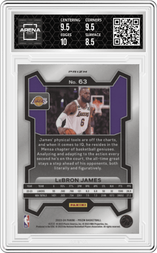 LeBron James from the 2023-24 Panini Prizm set featuring a Choice Blue/Yellow/Green parallel graded by Arena Club and given an overall grade of 9.