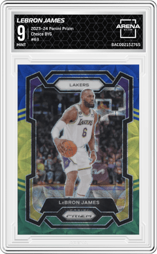 LeBron James from the 2023-24 Panini Prizm set featuring a Choice Blue/Yellow/Green parallel graded by Arena Club and given an overall grade of 9.
