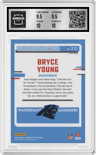 Bryce Young from the 2023 Donruss Optic set featuring a Pink parallel graded by Arena Club and given an overall grade of 10.
