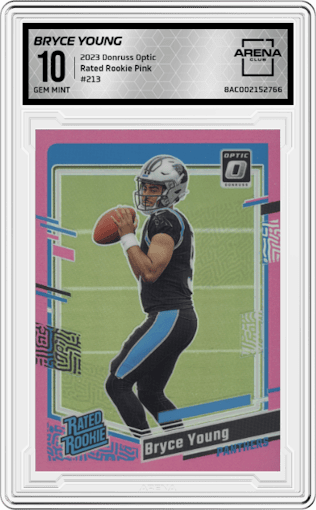 Bryce Young from the 2023 Donruss Optic set featuring a Pink parallel graded by Arena Club and given an overall grade of 10.