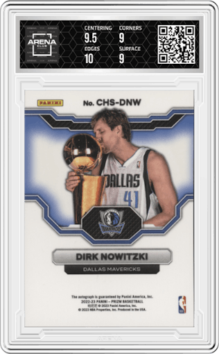 Dirk Nowitzki from the 2022-23 Panini Prizm  set graded by Arena Club and given an overall grade of 9.5.