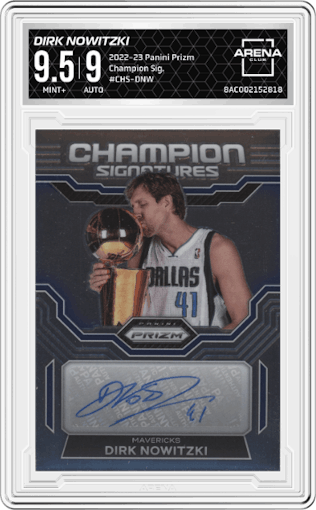 Dirk Nowitzki from the 2022-23 Panini Prizm  set graded by Arena Club and given an overall grade of 9.5.