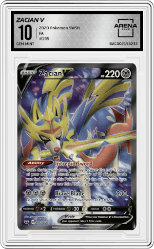 Zacian V from the 2020 Pokemon SWSH set graded by Arena Club and given an overall grade of 10.