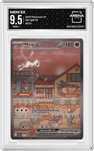 Mew EX from the 2023 Pokemon SV set featuring a Ultra Premium Collection parallel graded by Arena Club and given an overall grade of 9.5.