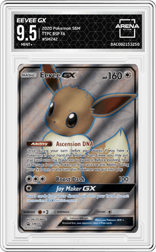 Eevee GX from the 2020 Pokemon S&M set featuring a Tag Team Powers Collection parallel graded by Arena Club and given an overall grade of 9.5.