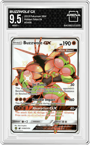 Buzzwole GX from the 2019 Pokemon S&M  set graded by Arena Club and given an overall grade of 9.5.