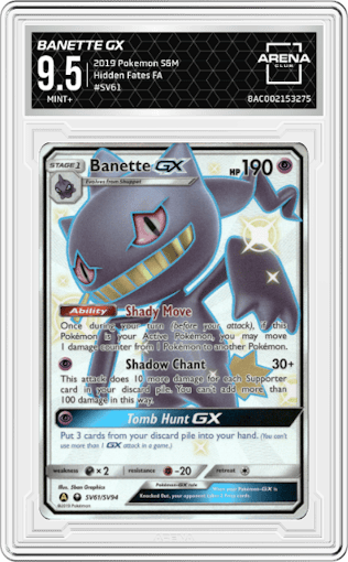 Banette GX from the 2019 Pokemon S&M  set graded by Arena Club and given an overall grade of 9.5.