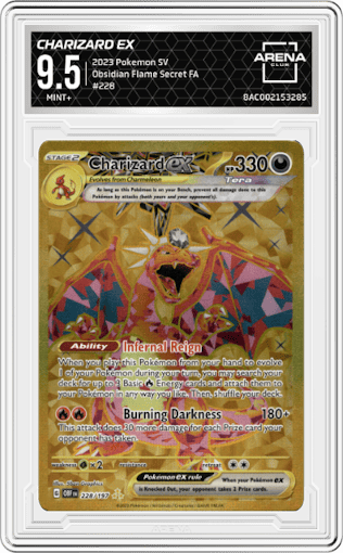 Charizard ex from the 2023 Pokemon SV set graded by Arena Club and given an overall grade of 9.5.