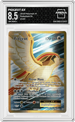 Pidgeot EX from the 2016 Pokemon XY set graded by Arena Club and given an overall grade of 8.5.