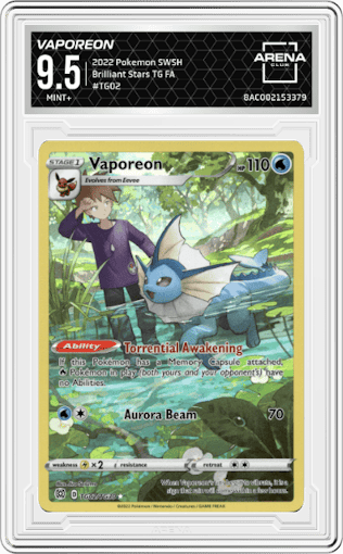 Vaporeon from the 2022 Pokemon SWSH set graded by Arena Club and given an overall grade of 9.5.