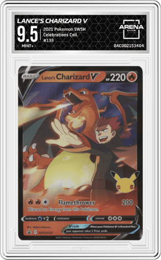 Lance's Charizard V from the 2021 Pokemon SWSH set featuring a Lance's Charizard V Celebrations Collection parallel graded by Arena Club and given an overall grade of 9.5.