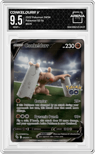 Conkeldurr V from the 2022 Pokemon SWSH set graded by Arena Club and given an overall grade of 9.5.