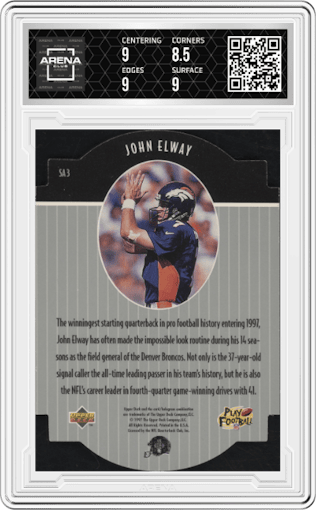John Elway from the 1997 Upper Deck set graded by Arena Club and given an overall grade of 9.