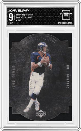 John Elway from the 1997 Upper Deck set graded by Arena Club and given an overall grade of 9.