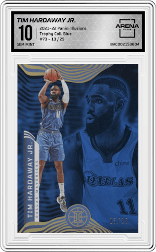 Tim Hardaway Jr. from the 2021-22 Panini Illusions set featuring a Trophy Collection Blue parallel graded by Arena Club and given an overall grade of 10.