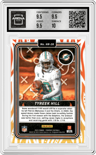 Tyreek Hill from the 2023 Panini Phoenix set featuring a Silver Seismic parallel graded by Arena Club and given an overall grade of 10.