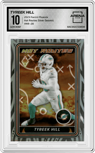 Tyreek Hill from the 2023 Panini Phoenix set featuring a Silver Seismic parallel graded by Arena Club and given an overall grade of 10.