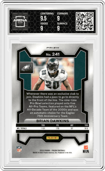 Brian Dawkins from the 2023 Panini Prizm set featuring a Black/White Checker parallel graded by Arena Club and given an overall grade of 9.