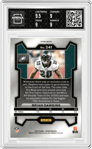 Brian Dawkins from the 2023 Panini Prizm set featuring a Black/White Checker parallel graded by Arena Club and given an overall grade of 9.