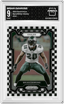 Brian Dawkins from the 2023 Panini Prizm set featuring a Black/White Checker parallel graded by Arena Club and given an overall grade of 9.