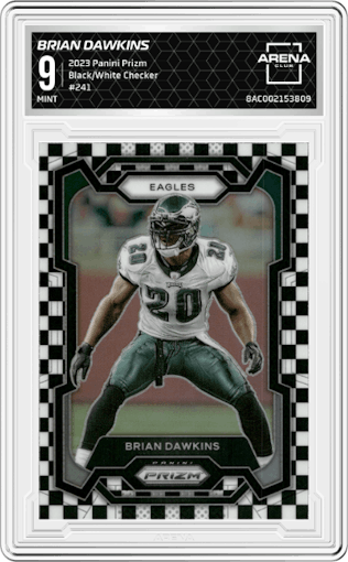 Brian Dawkins from the 2023 Panini Prizm set featuring a Black/White Checker parallel graded by Arena Club and given an overall grade of 9.