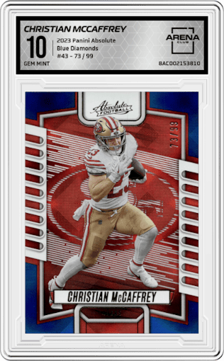 Christian McCaffrey from the 2023 Panini Absolute set featuring a Blue Diamonds parallel graded by Arena Club and given an overall grade of 10.