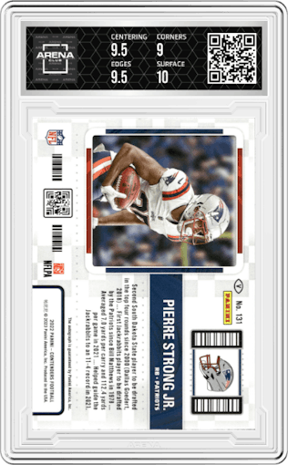 Pierre Strong Jr.  from the 2022 Panini Contenders set graded by Arena Club and given an overall grade of 9.5.