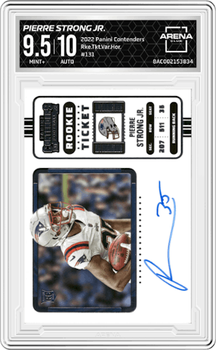 Pierre Strong Jr.  from the 2022 Panini Contenders set graded by Arena Club and given an overall grade of 9.5.