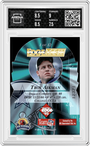 Troy Aikman from the 1995 Collector's Edge Instant Replay set graded by Arena Club and given an overall grade of 8.