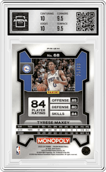 Tyrese Maxey from the 2023-24 Panini Prizm Monopoly set featuring a Red parallel graded by Arena Club and given an overall grade of 10.