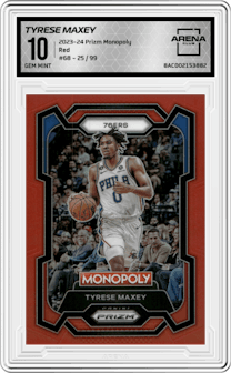 Tyrese Maxey from the 2023-24 Panini Prizm Monopoly set featuring a Red parallel graded by Arena Club and given an overall grade of 10.