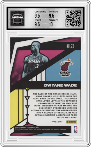 Dwyane Wade from the 2020-21 Panini Flux set featuring a Silver parallel graded by Arena Club and given an overall grade of 10.