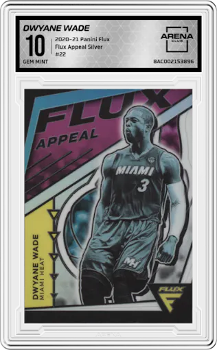 Dwyane Wade from the 2020-21 Panini Flux set featuring a Silver parallel graded by Arena Club and given an overall grade of 10.